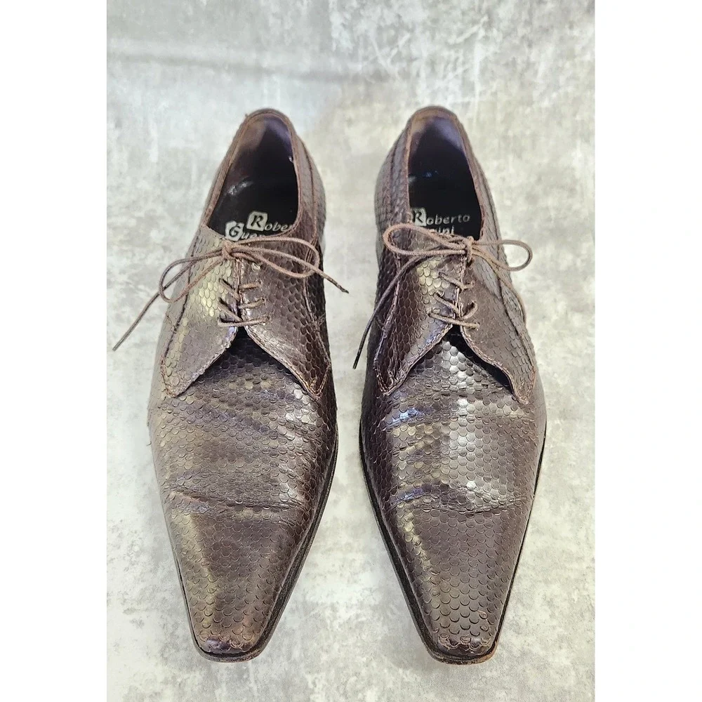 Roberto Guerrini Oxford Men 42 Brown Snakeskin Embossed Pointy Toe Italy Luxury